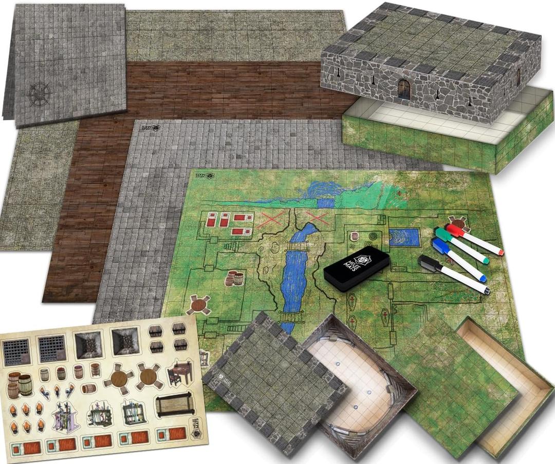 Melee Mats DND Map Starter Set - 22 x 26" Double Sided, Wet & Dry Erase Battle Terrain Grid for Dungeons and Dragons - Tabletop Board Gaming Kit with Accessories