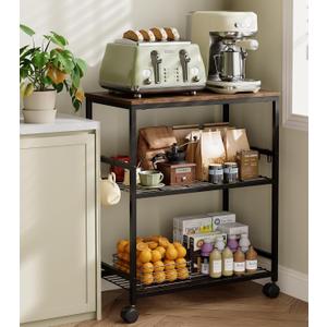 Kitchen Rolling Cart, 3-Tier Microwave Stand with Lockable Wheels, One-Piece Shelf, Kitchen Utility Storage Cart for Coffee Bar,Apartment, Dorm, Laundry Room, Office, 23.6" x 15.7" x 27.6", Brown