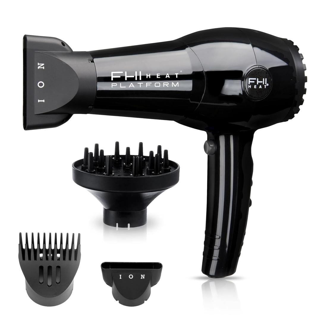 FHI Heat Platform Nano Lite Pro 1900 Hair Dryer, Turbo Tourmaline Light Weight Ceramic Quick Dry with 3 Piece Attachment Set (Comb, Concentrator, and Diffuser) (Black)