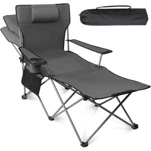 apollo walker Reclining Beach Chair, Adjustable 90-135° Backrest Camping Lounge Chairs for Adults, Folding Chair with Foot Rest & Detachable Pillow - Standard 6-Leg, Grey