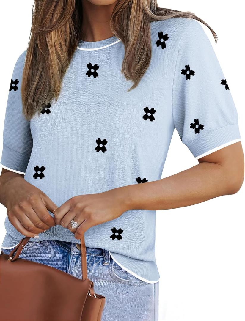 Zeagoo Women Short Sleeve Sweater Summer Crew Neck Dressy Casual Soft Knit Pullover Tops Trendy (Blue, M)