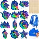 96 Pcs Eid Scratch Paper Art Kits Ramadan Magic Color Scratch Off Cards Hanging Ornaments Craft Eid Al Adha Party Home Activity DIY Drawing Project Supplies(Blue)