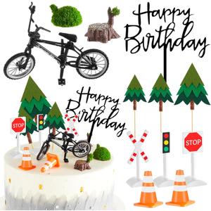 17 Pcs Bicycle Cake Toppers Bike Cake Decorations Set with 1 Bike 6 Felt Tree 7 Mini Traffic Signs Ornaments 2 Tree Stumps Miniature Figurine for Bicycle Party