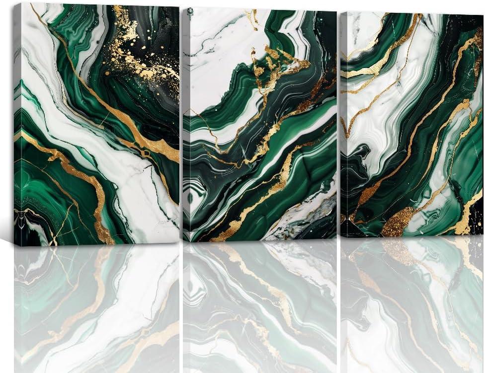 3PCS Emerald Green Wall Art Green and Gold Abstract Canvas Prints Abstract Marble Texture Picture Paintings for Living Room Bedroom Office Decor Framed(Abstract-2,16.00" x 24.00" x 3Pcs)