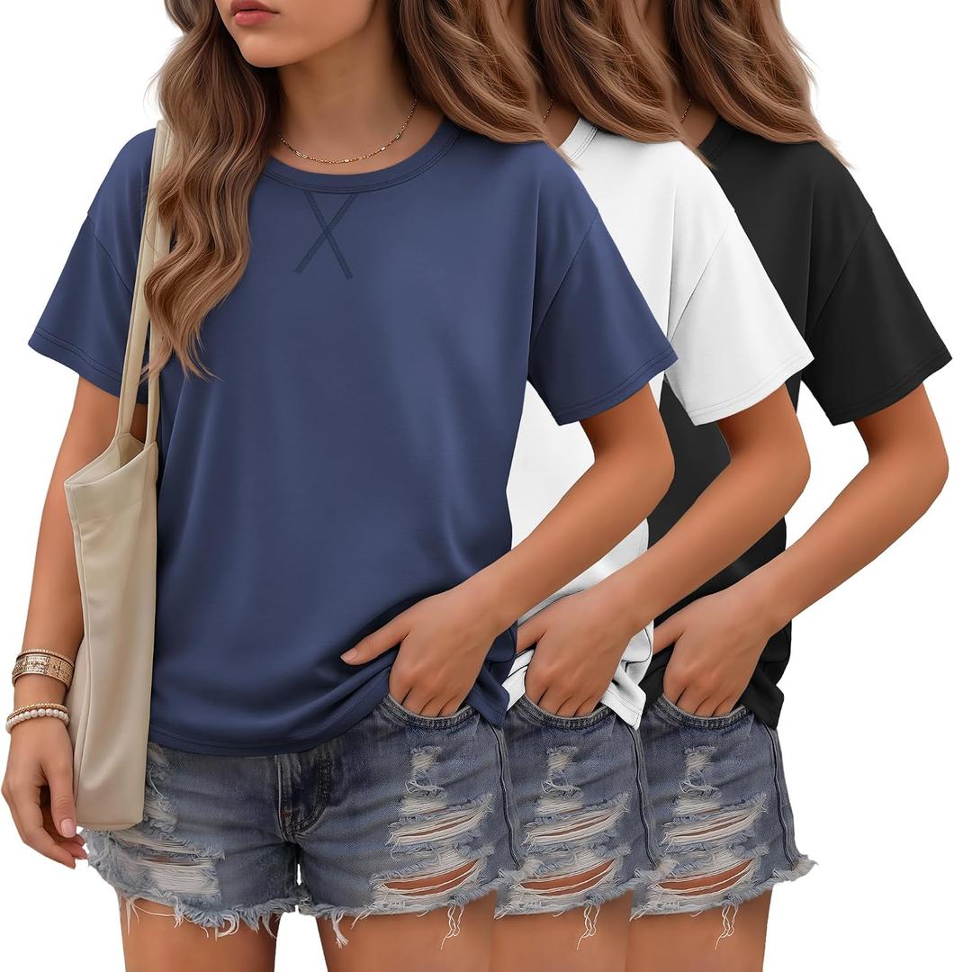 3 Pack Girls Short Sleeve T Shirts | Crewneck Tops, Loose Fit, Summer, Comfy Basic, Casual Blouse, Teen 5-14 Years, Soft, Breathable, Daily Wear