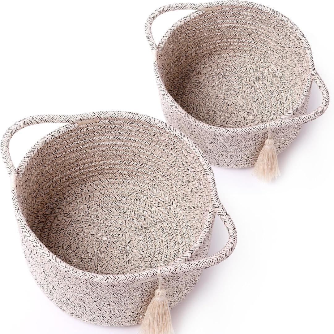 Small Gift Basket Empty Set of 2 - Little Cute Woven Rope Organizer Bins for Baby Shower Gifting, Makeup, Bathroom, Desk, Decorative Vanity - Pre-Shaped, Brown