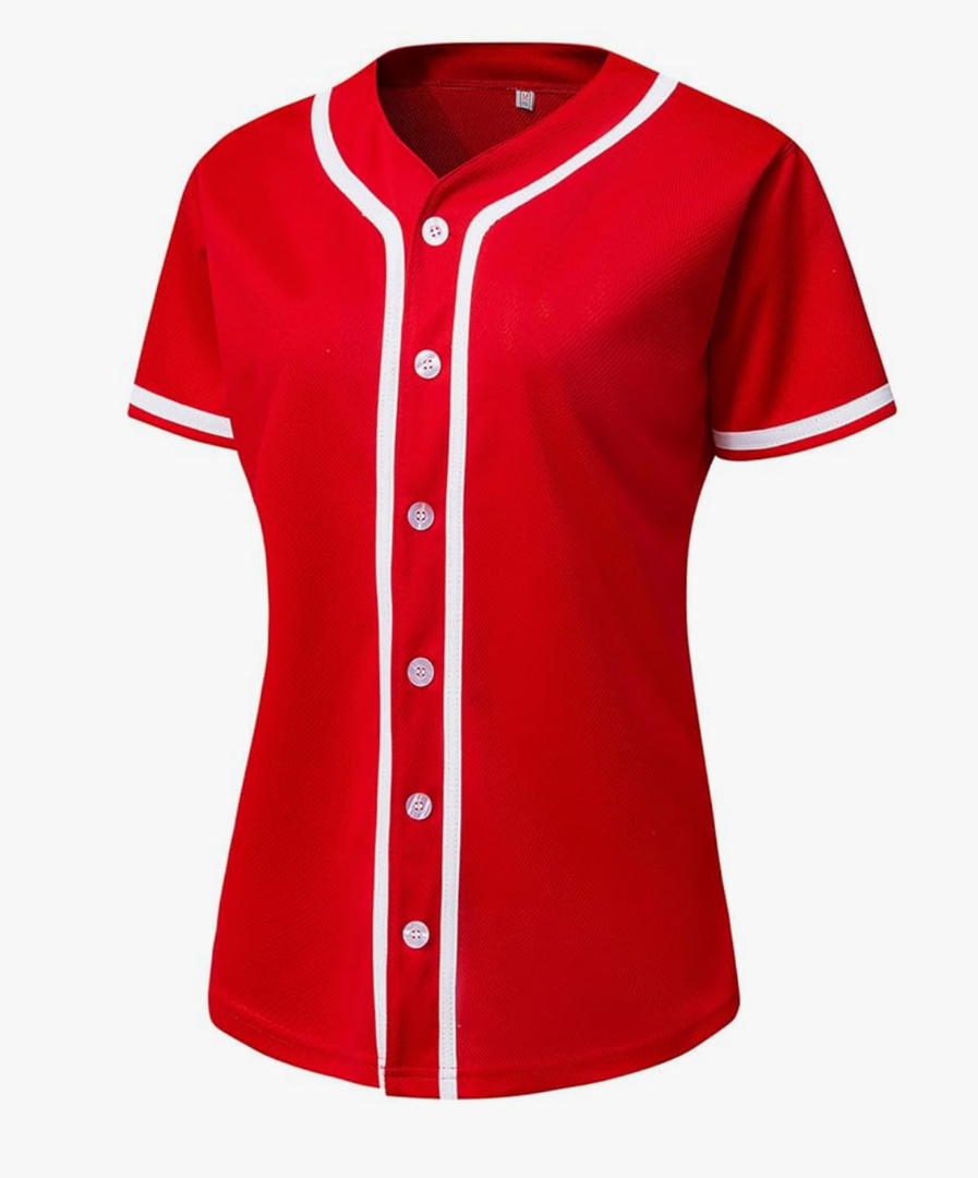 YWIES Womens Button Down Baseball Jersey, Blank Softball Team Uniform, Hip Hop Hipster Short Sleeve Active Shirts, Red, Large