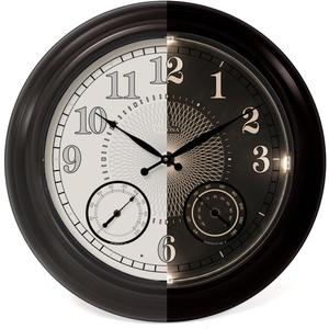 24 inch Illuminated Outdoor Clock for Patio, Waterproof with Thermometer - Large Night Light Wall Clock with Smart LED Sensor, Temperature and Humidity - Weatherproof & Easy to Read for Patio & Home