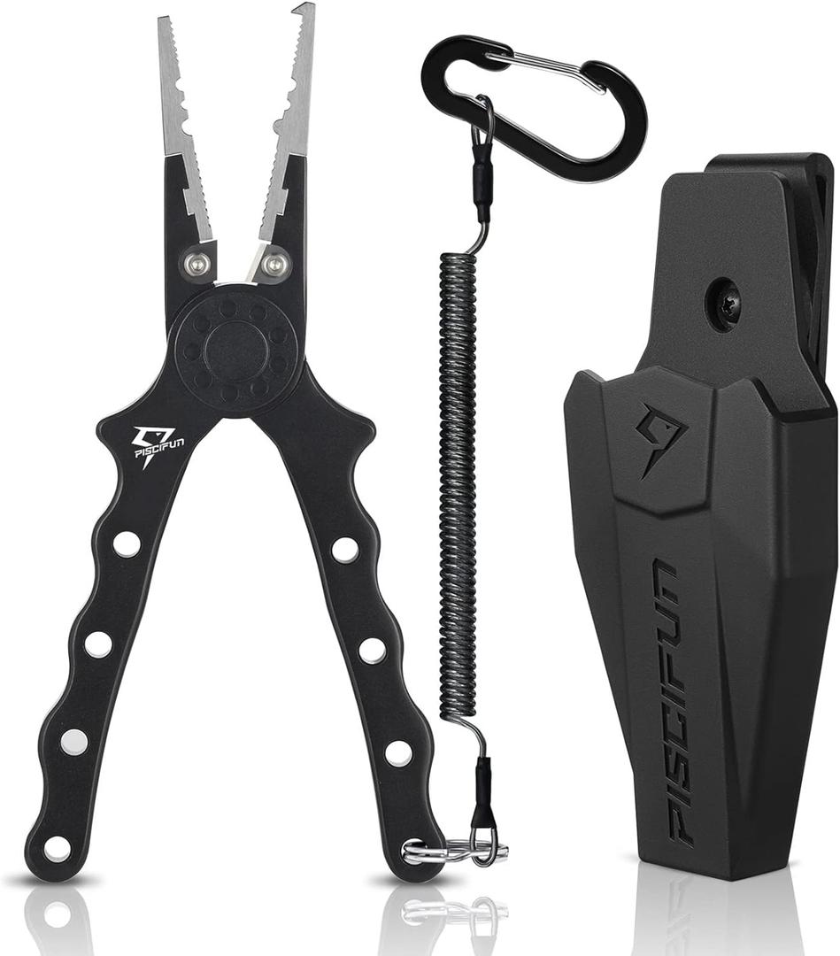 Piscifun Fishing Pliers, Saltwater Fishing Pliers with Split Ring, Fish Hook Remover, Corrosion Resistance Fly Fishing Pliers with Braid Cutters, Sheath and Lanyard, Fishing Gear Gifts for Men (Black)