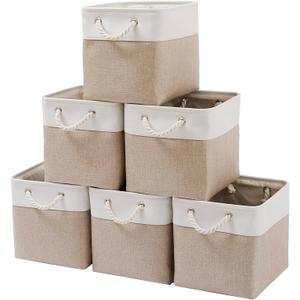 11 x 11 Inch Cube Storage Bins, 6 Pack Large Collapsible Fabric Storage Bin with Ropes, Foldable Storage Cubes for Home, Office,Closet, Clothes, Toys Organizer (White & Beige-11"x11"x11")