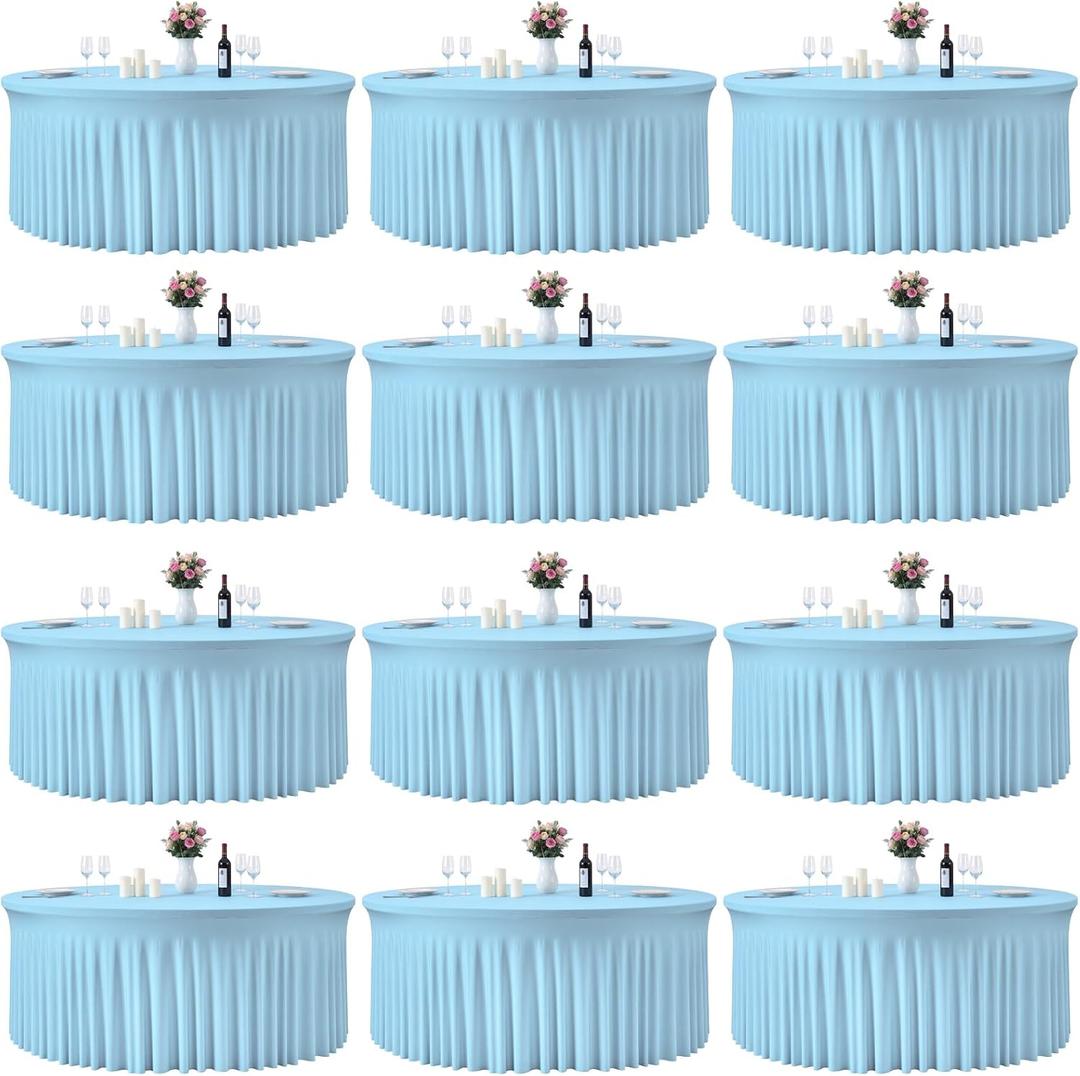 GALLETY 12 Pack Bulk Baby Blue Round Tablecloths for 5ft Tables, 120 inch Fitted Spandex Table Cloth with Skirt, Wrinkle Free Wholesale Table Covers for Large Events, Weddings Reception, Banquets, 60inch