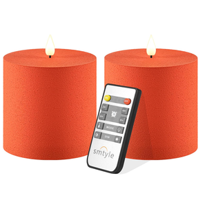 Orange Plastic Battery Operated Flickering Frosted Flameless LED Pillar Candles with Remote Set of 2 for Decor Home Ambience