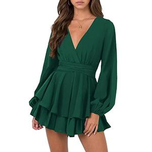 Nova In Sky Sexy Cute Wrap Dress for Woman V Neck Long Sleeve Empire Tie Waist Ruffle Flowy Party Dresses Dark Green S