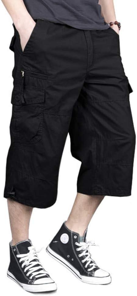 MAGNIVIT Men's Capri Long Elastic Cargo Shorts Below Knee Shorts 3/4 Cotton Cargo Casual Shorts with Multi-Pockets (Black, 34)