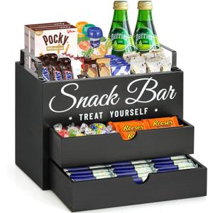 Snack Organizer for Countertop, Wood Pantry Storage Bins with Handles, Snack Organizer for Pantry, Kitchen, 4 Compartment Food Container Snack Box with 2 Drawers, Pantry Organizer for Snacks, Chips