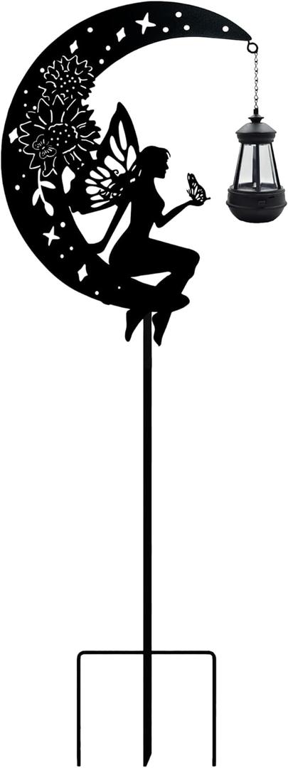 Solar Fairy Garden Outdoor Stake Holding Solar Lantern Outdoor Decor Metal Large Fairy Sitting Moon Silhouette Stakes for Garden Lawn Patio or Courtyard