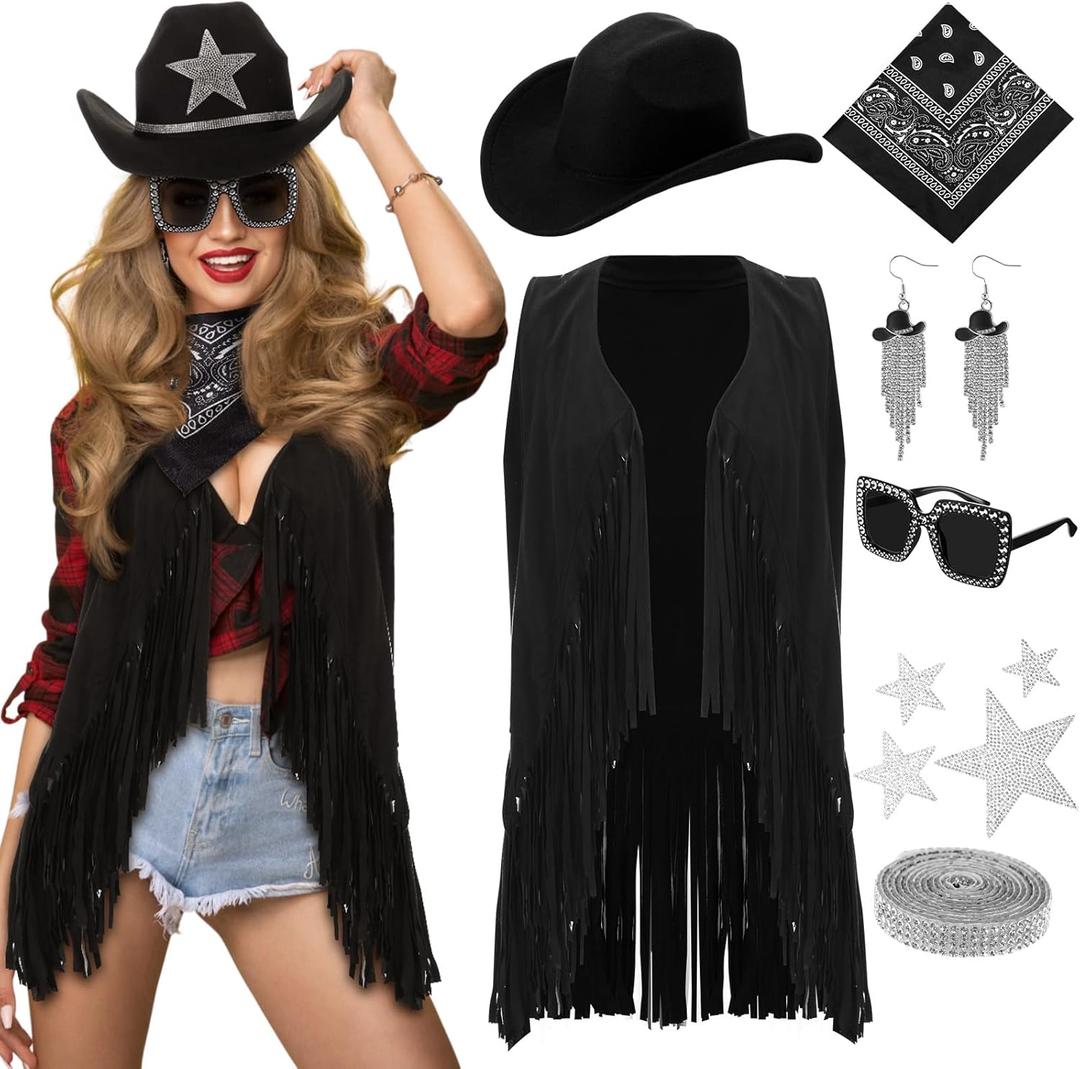 Tiamon Western Costume Accessories for Women Cowgirl Tassels Fringe Vest Cowboy Hat Rhinestone Earrings Glasses Paisley (Black) Tiamon Western Costume Accessories for Women Cowgirl Tassels Fringe Vest Cowboy Hat Rhinestone Earrings Glasses Paisley (Black)