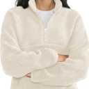 Fleece Sweatshirts for Women Cropped Long Sleeve Half Zip Pullover Sherpa Jacket Warm Fuzzy Coats with Pockets (Medium, Beige)