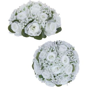 BLOSMON White Flower Balls for Centerpieces: 2 Pcs Rose Babys Breath Artificial Flowers Centerpiece for Home Table Decor - Faux Silk Kissing Floral Arrangements for Wedding Party Event Decoration