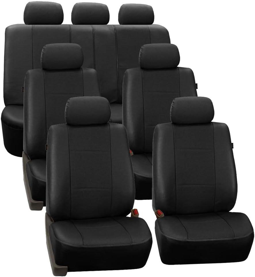 FH Group Three Row Car Seat Covers Deluxe Leatherette with 7 Headrests, Airbag Compatible and Rear Split Bench Universal Fit for Cars Trucks & SUVs (Black) PU007217