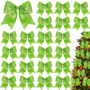Cindeer 24 Pcs Lime Green Christmas Bow Decorations 6 x 6 Inches, Glitter Holiday Ornaments Sequin Ties Bows for Xmas Tree, Wreath, DIY Crafts, Gift Wrapping, Party Decor