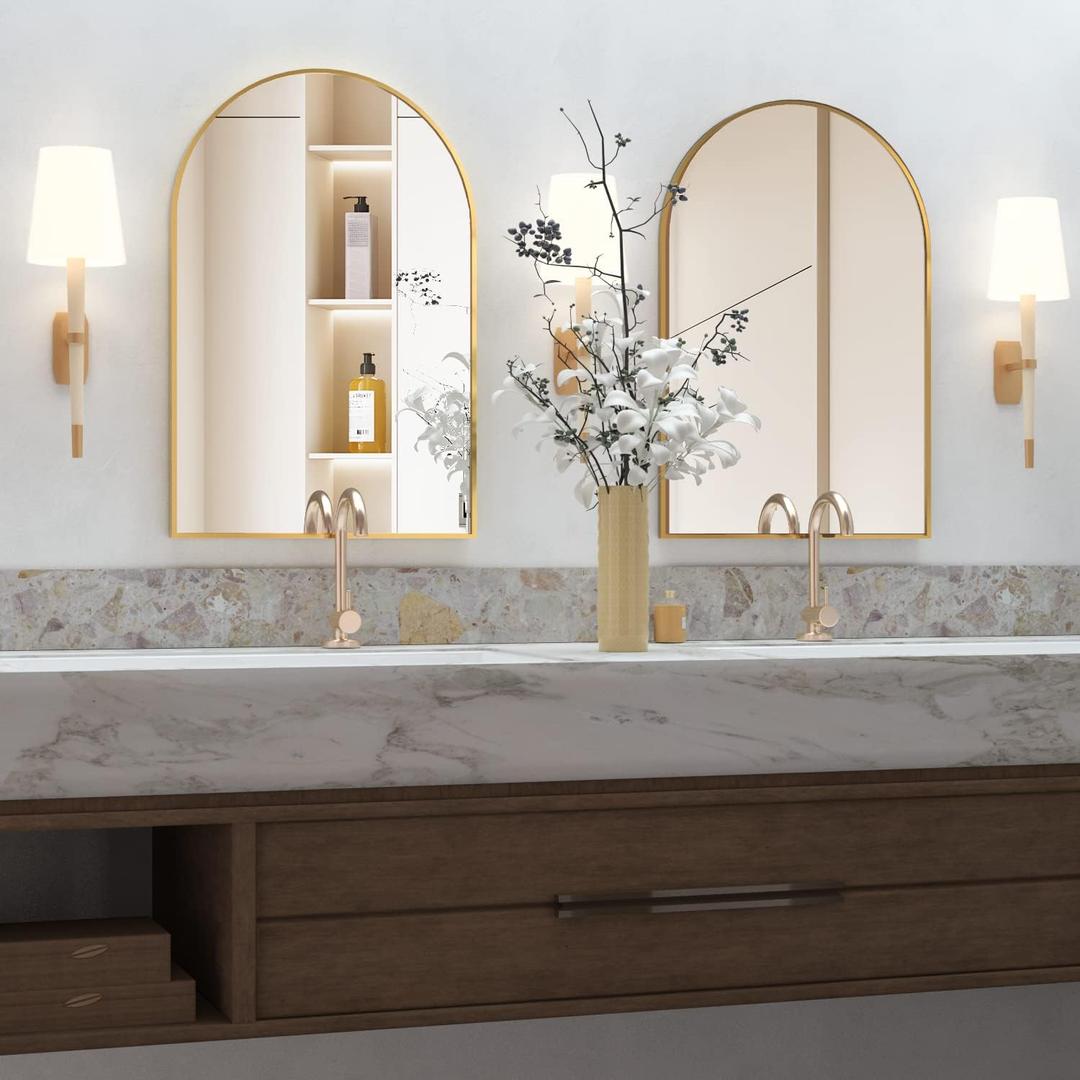 Wall Mounted Mirror, Arched Wall Mirror for Bathroom, 20"x30" Arch Bathroom Mirror with Metal Frame, 2 Piece Gold Vanity Mirror Decor for Bedroom, Entryway, Living Room
