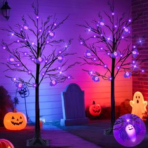 2 Pack 4FT Lighted Black Halloween Tree with Timer 96 LED & 20 3D Bats Lights DIY Ornaments, Outdoor Halloween Decorations Spooky Black Trees for Home Indoor Party Yard Porch Lawns Decor