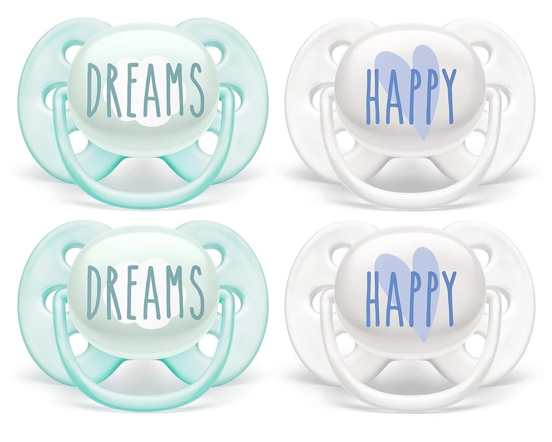 Philips AVENT Ultra Soft Pacifier 0-6 Months, Dreams and Happy Designs, 4 Pack, White/Green, SCF222/43