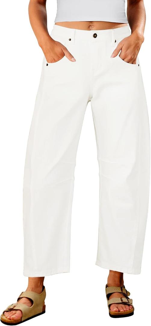 Utyful Barrel Jeans Women Cropped Baggy Trendy High Waisted Distressed Loose Stretch Denim Trouser Jeans with Pockets (White, S)