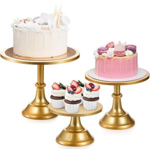 yarlung 3 Pack Gold Cake Stands, 8/10/12 Inch Metal Cupcake Display Stand Pillar Style Dessert Stand for Wedding, Party, Birthday, Celebration, 3 Sizes