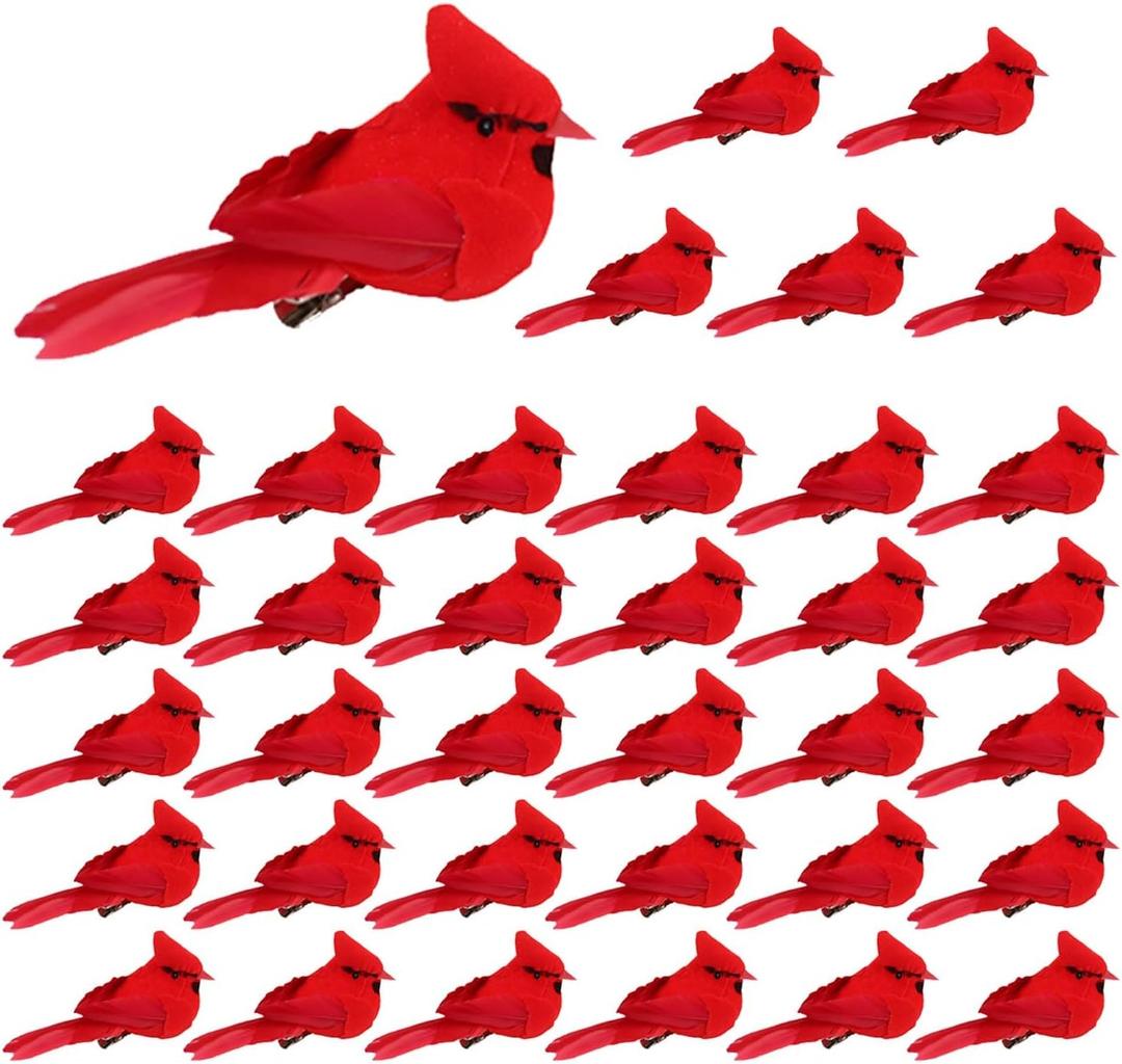 KLEWEE 36 Pcs Small Artificial Red Cardinal Birds, Clip On Christmas Red Cardinal Ornaments for Christmas Tree Decorations, Wreath, Centerpiece and Crafts
