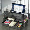 ECOLOVI Desk Organizer and Accessories, 2Tier Computer Monitor Stand Rise with Storage Drawer & 2 Pen Holders, Laptop & Printer Stand for Desktop, Workspace Organizers for Office Supplies (Black)