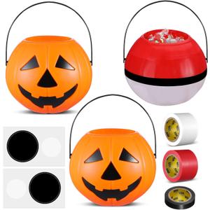 9 Pcs Halloween Cartoon Themed Red and White Treat Bucket DIY Set 2 Plastic Pumpkin Bucket 3 Roll Tapes and 4 Round Stickers Cartoon Themed Ball Buckets with Handles for Candy Gifts