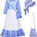 Meland Pioneer Dress for Girls, Colonial Floral Costume with Bonnet Apron & Purse, Dress Up Clothes for Girls Ages  11-13