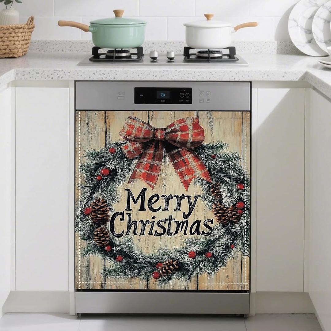 Merry Christmas Dishwasher Magnet Cover,Rustic Wooden Kitchen Decor Waterproof Refrigerator Magnet Appliance Cover Protector,23Wx26H Inches