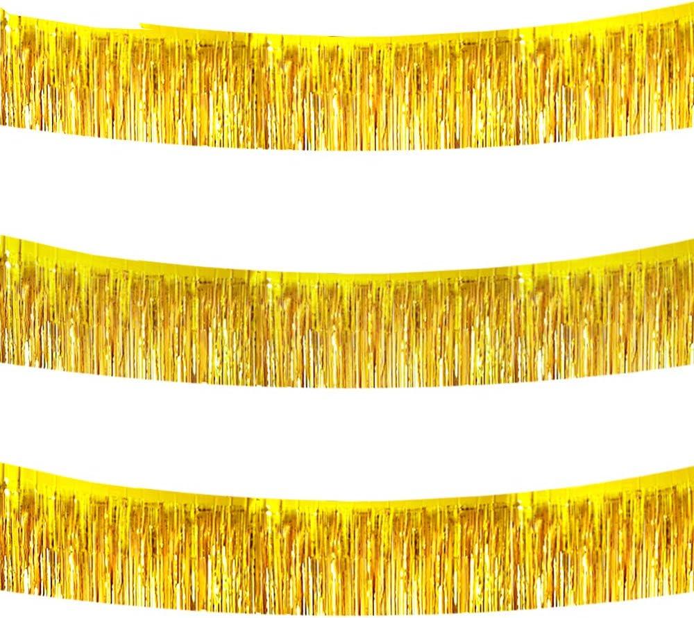BEISHIDA 3 Packs 30 Feet Metallic Foil Fringe Garland Tinsel StreamersShiny Gold Wall Hanging Tinsel Fringe Banners for Wedding Birthday Party Decoration Halloween Christmas New Year, 3 Count