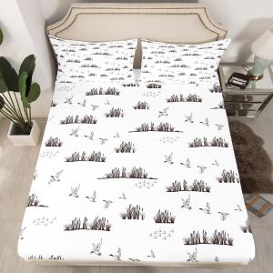 Hunting Duck Fitted Sheet Queen Size,Sketch Duck and Lake Leaves Bedding Set for Kids Boys Men Teens Cabin Room Decor,Rustic Farmhouse Animals Bed Sheet Grey White Deep Pocket Sheet,2 Pillowcases (QUEEN (W60*L80*H16"))