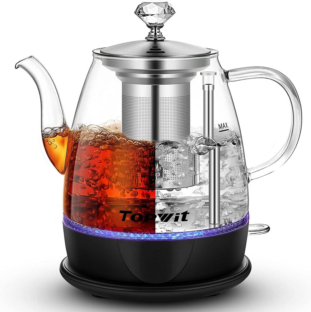 Topwit Electric Kettle Glass, For Hot Water, Tea and Coffee Dual Purpose Design, BPA-Free, 1L Pour Over Removable Stainless Steel Infuser, Auto-shut Off & Boil-dry Protect, Black