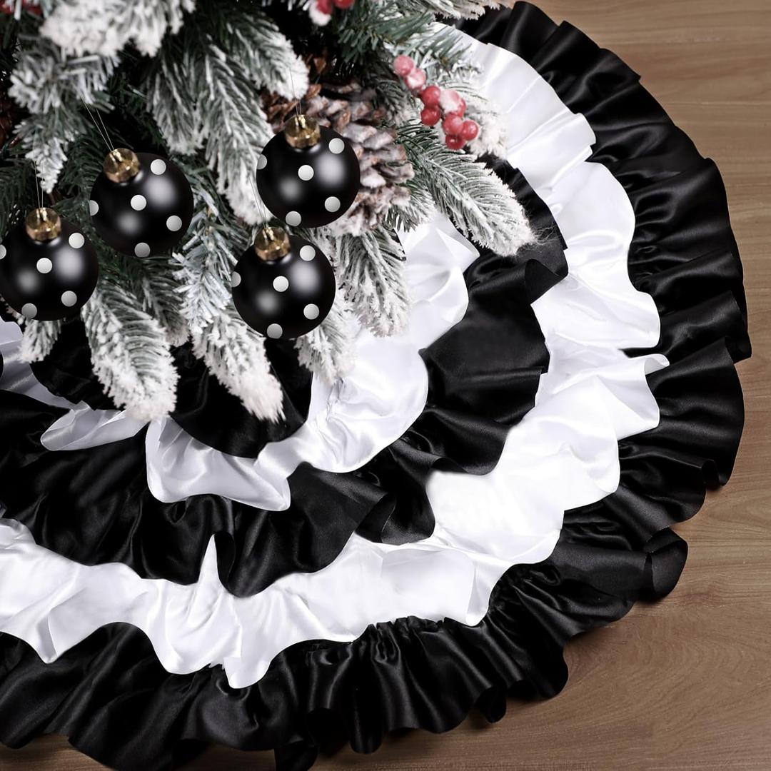 Civaner Black and White Christmas Tree Skirt 24 Inch Ruffle Tree Skirt Fluffy Christmas Mat Farmhouse Decoration for Holiday Party Mnini Xmas Decoration