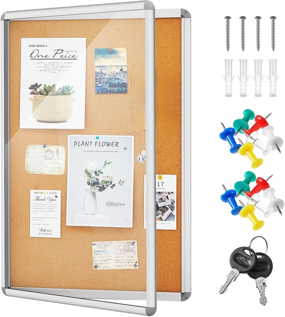 Geetery 36 x 24 Inch Enclosed Bulletin Board with Locking Door Fabric Cork Outdoor Bulletin Board Lockable Display Case, Tamperproof Aluminum Frame Noticeboard Wall-Mounted for School, Office