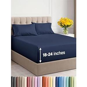 Extra Deep Pocket Split King Sheets - 5 Piece Breathable & Cooling Bed Sheets - Hotel Luxury Bed Sheet Set - Soft, Wrinkle Free & Comfy - Easily Fits Extra Deep Mattresses - Navy Blue Sheets Set