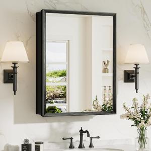 TokeShimi 20 x 26 Mirror Medicine Cabinet for Bathroom, Assembly Required, Black Recessed Medicine Cabinet with Mirror, Steplessly Adjustable Shelves, Beveled Aluminum Frame, Tempered Glass