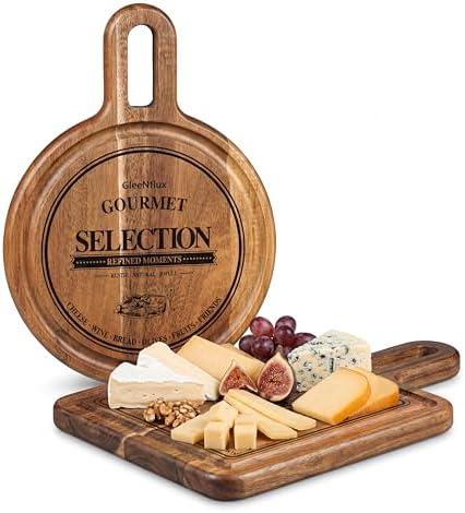 GleeNflux Mini Charcuterie Board Set with Handle, 2-Piece Small Acacia Wood Serving Tray & Wooden Cutting Board for Cheese, Fruit, Appetizers & Entertaining Gift