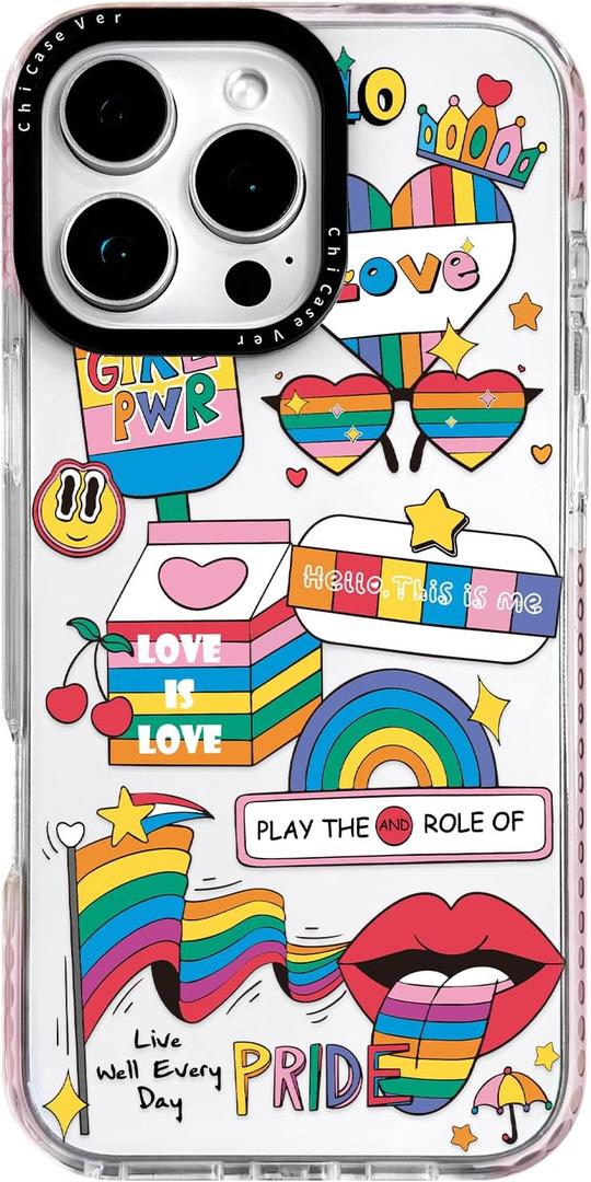 for iPhone 14 Pro Max Case, Rainbow Pride Collage Pattern with Love is Love Text, Military-Grade Drop Protection, Cheerful Slim TPU Protective Cover with Camera Protection for Teens (Colorful)