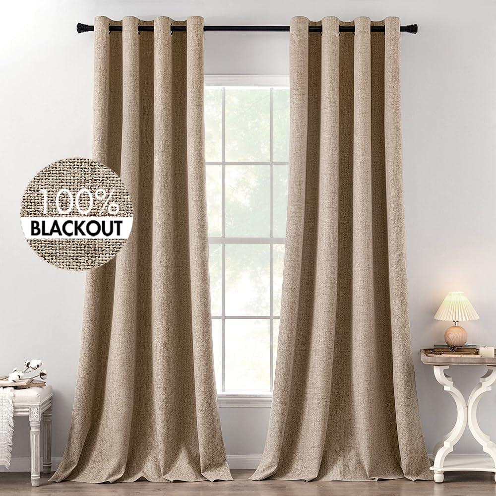 MIULEE 100% Blackout Linen Textured Curtains for Bedroom Solid Thermal Insulated Copper Brown Grommet Room Darkening Curtains & Drapes Luxury Decor for Living Room Nursery 52 x 120 Inch (2 Panels)