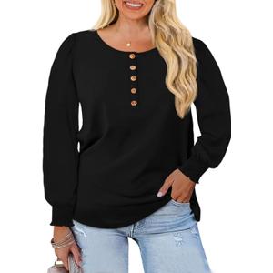 Beautife Womens Plus Size Henley Shirts Puff Long Sleeve Button Up Curvy Tops Loose Fit Casual Fall Blouse (X-Large Plus, Black)