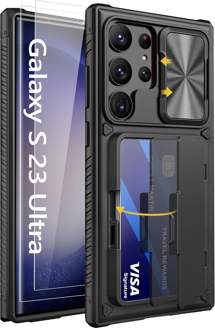 Vihibii for Samsung Galaxy S23 Ultra Case with Card Holder (4 Cards), Built-in 2X Tempered Glass Screen Protector & Slide Camera Cover & Kickstand, Rugged & Shockproof Phone Case for S23 Ultra, Black