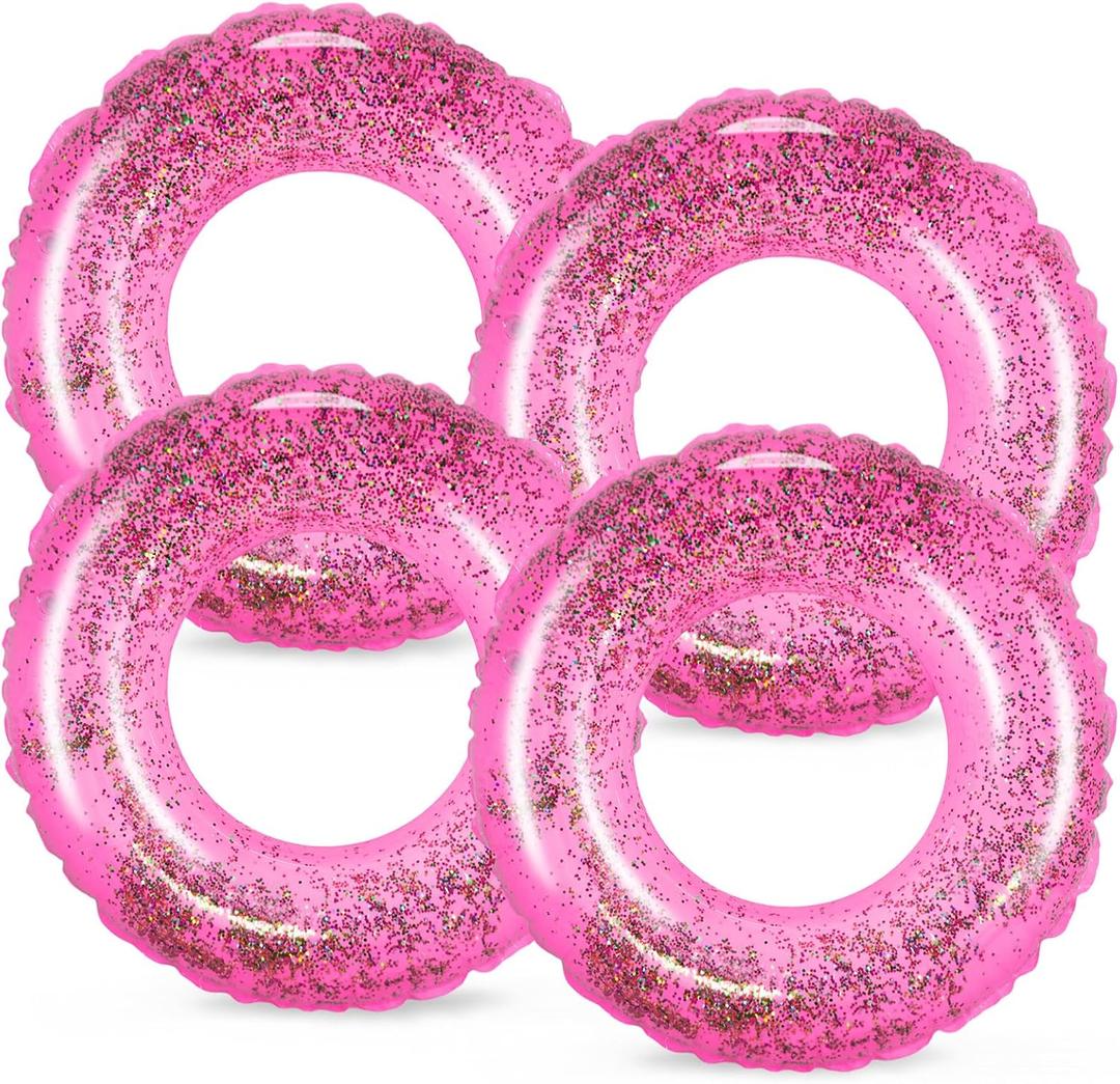 Whaline 4Pcs Inflatable Pool Floats Toys Swim Tubes Rings Glitter Pool Tube for Teen Boys Girls Outdoor Summer Swimming Pool Beach Party Favors Supplies (Pink)