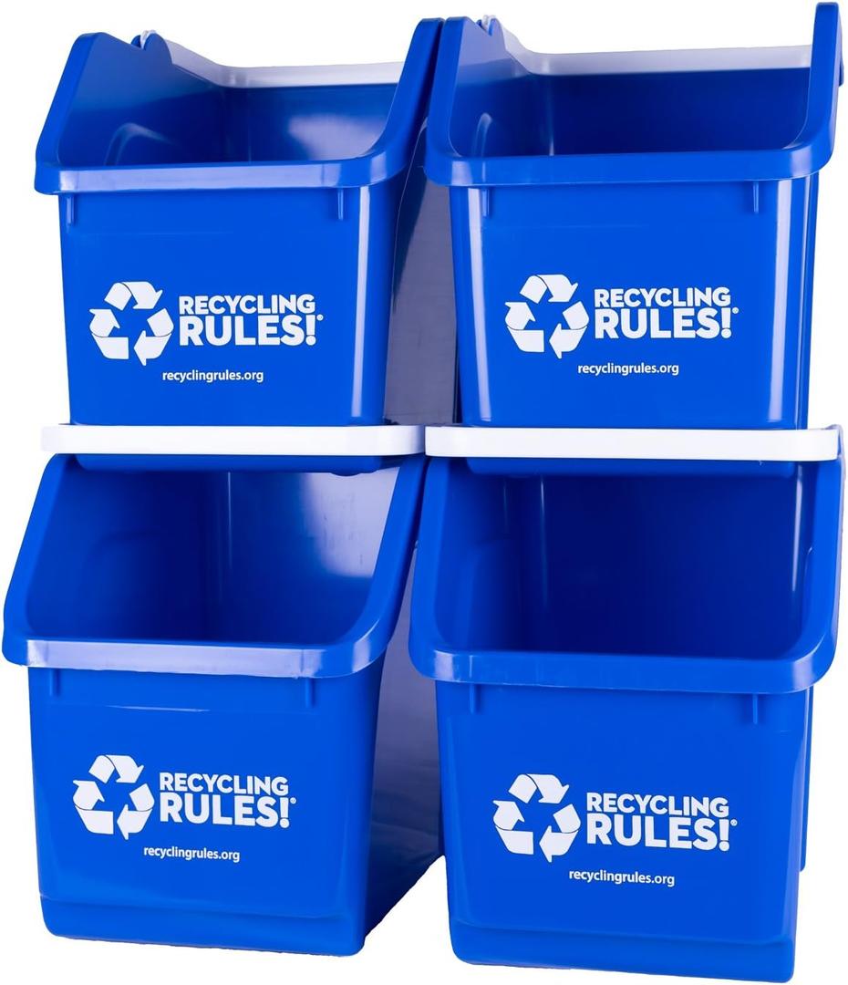 6 Gallon Stackable Recycling Bin Container in Blue, Eco-Friendly BPA-Free Handy Recycler with Handle, 4-Pack