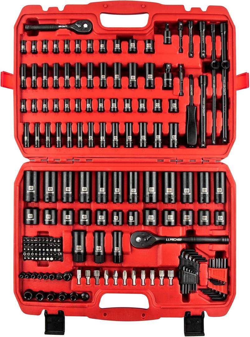 LLNDEI 1/4 & 3/8 Inch Drive Impact Socket Set, 186 Pieces Metric and Standard Full Sockets, CR-V Deep & Shallow Sockets Tool Set with Ratchet Wrench Handle, Spark Plug Socket, Bits for Mechanic